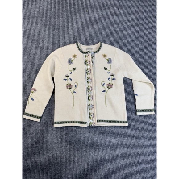 Coldwater Creek Sweaters - Coldwater Creek Ivory Floral Embroidered Knit Cardigan Sweater 100% Wool L Women